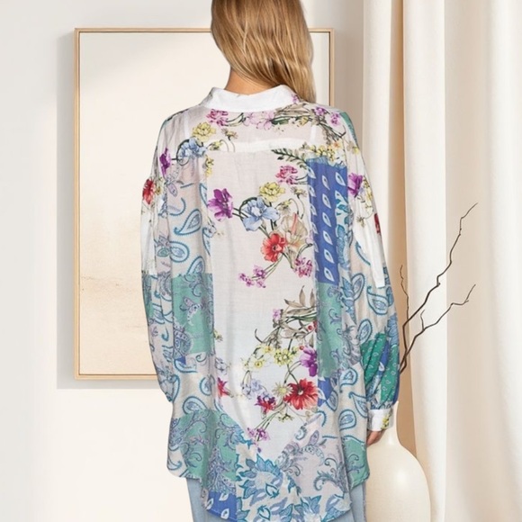 POL Floral Print Button Down Blouse Lightweight Oversized Bohemian Top - Picture 7 of 8